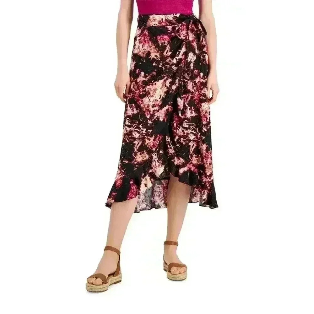I.N.C. INTERNATIONAL CONCEPTS Wrap Midi Ruffle Skirt Black Multi‎ Small NWT $79